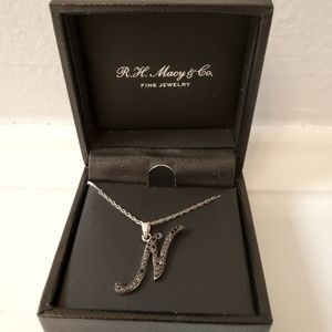 Sterling Silver Initial "N" with onyx and diamond necklace. New.
